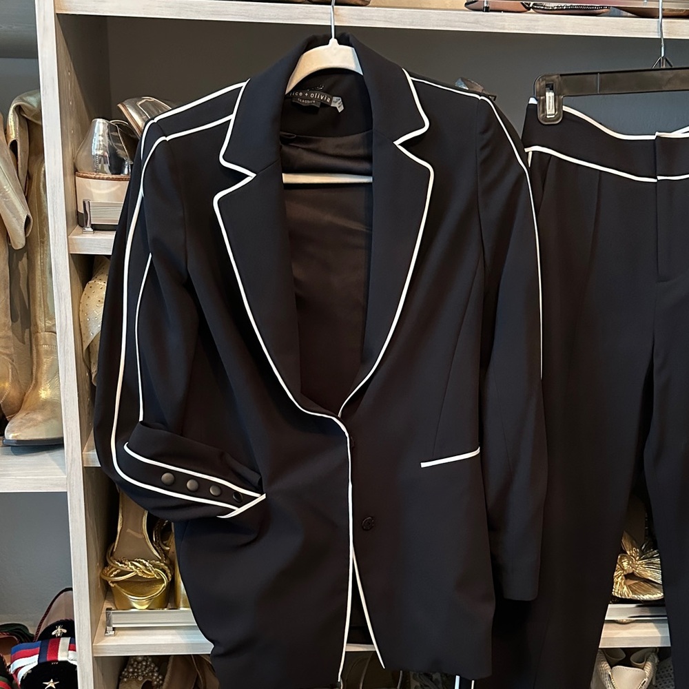 Alice + Olivia Black Pantsuit with White Piping - Picture 3 of 7